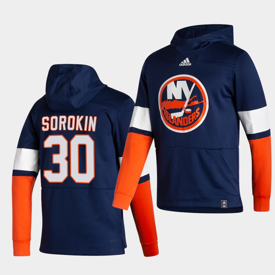 Men New York Islanders 30 Sorokin Blue NHL 2021 Adidas Pullover Hoodie Jersey